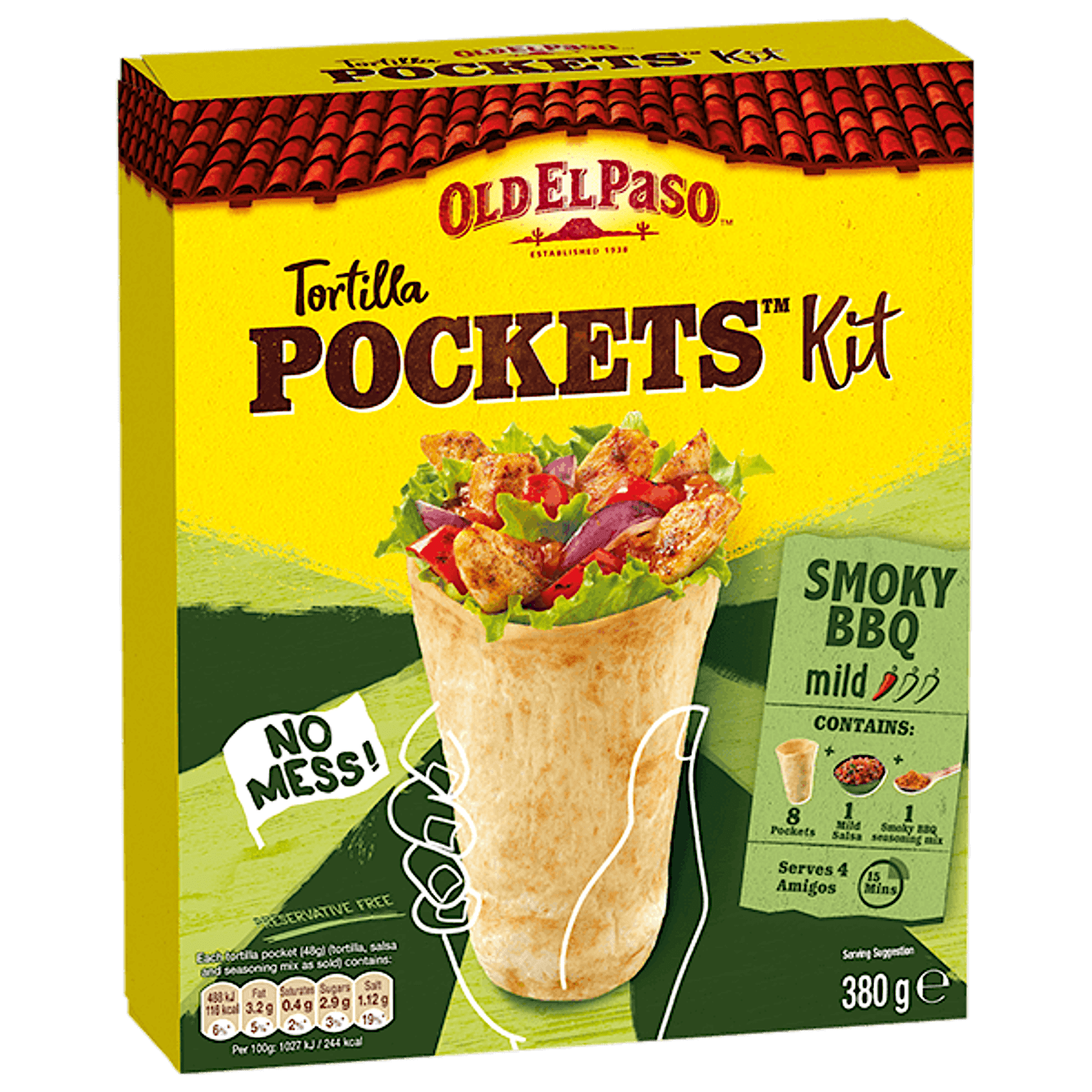 pack of Old El Paso's smoky BBQ tortilla pockets kit containing pockets salsa & seasoning mix (380g)